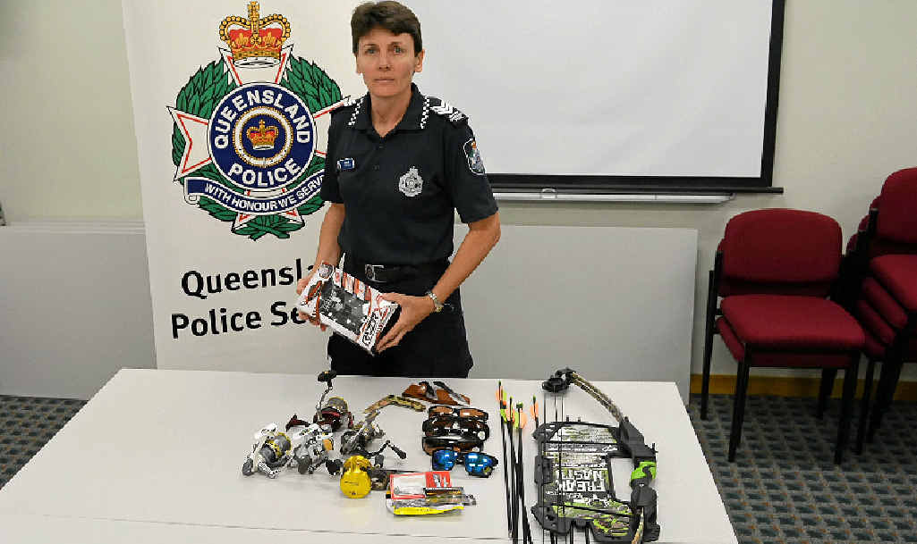 STOLEN GOODS: Sergeant Lisa Self with the items recovered from a recent break-in at Warwick Tackle and Tusk on Wood St. STOLEN GOODS: Sergeant Lisa Self with the items recovered from a recent break-in at Warwick Tackle and Tusk on Wood St.